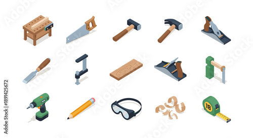 Essential isometric workshop tools collection for crafting and woodworking projects