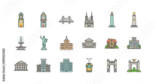 Colorful line art of famous global landmarks and architecture icons