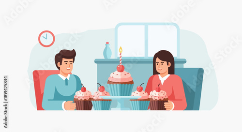 Couple celebrates with cupcakes and a single candle for a special occasion