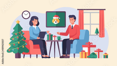 Couple celebrating Christmas, exchanging gifts and chatting on sofas