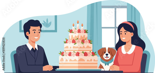 Couple celebrates with tiered cake and dog indoors