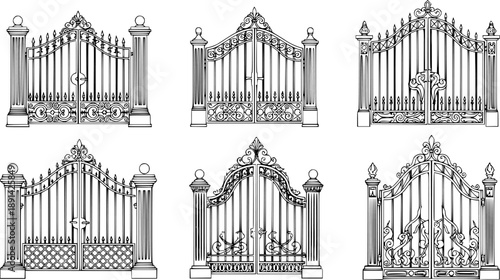 Set of Vintage gate Outline vector illustration isolated On Transparent Background
