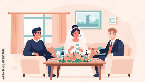 Couple celebrates with friends in a cozy home setting