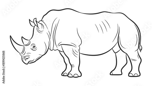 Rhino Illustration: A detailed line drawing of a rhinoceros, showcasing its robust build and iconic horn, perfect for educational or illustrative purposes.