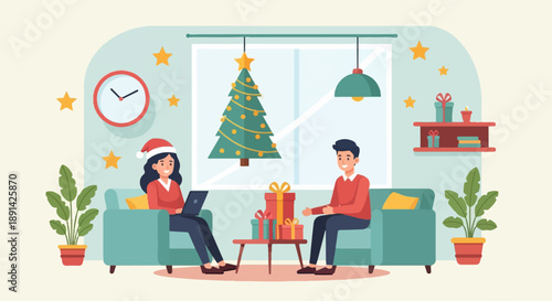 Couple celebrating holidays at home by a decorated Christmas tree, gifts, and plants