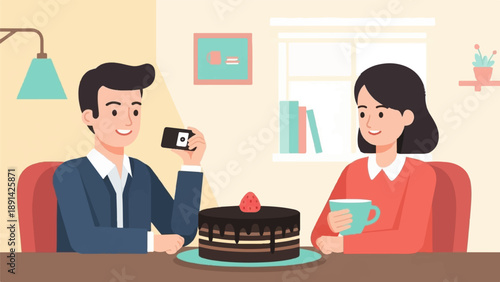 Couple celebrating with chocolate cake, taking photos on phone