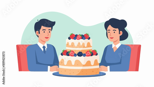 Couple celebrating with a two-tier berry-topped cake at a table