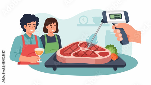 Couple checks steak temperature with digital thermometer, serving grilled dish