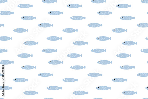 Cute seamless nature pattern, blue fish with white scales on  white background. For wallpaper, textiles, packaging, backgrounds and websites. Flat cartoon design. Underwater world.