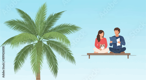 Couple and cat relax on a bench under a palm tree on a blue sky
