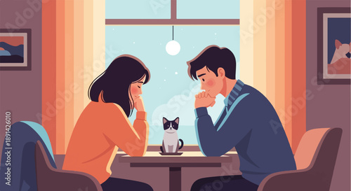 Couple and cat sit by a window at sunset, looking pensive