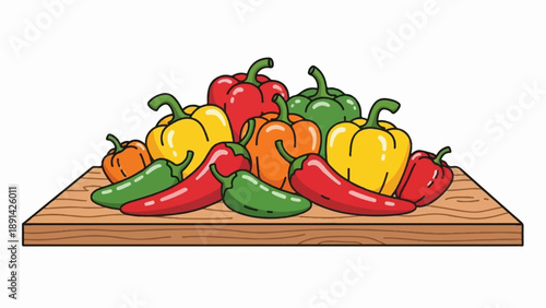 Colorful assortment of bell and chili peppers piled on a wooden cutting board