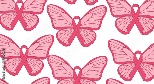 Pink Ribbon Butterfly Seamless Pattern Representing Breast Cancer Awareness on Dark Background