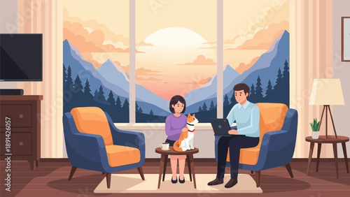 Couple and dog enjoy a scenic sunset from their cozy living room