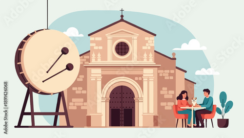 Couple and dog enjoy coffee outside a historic church with a large drum