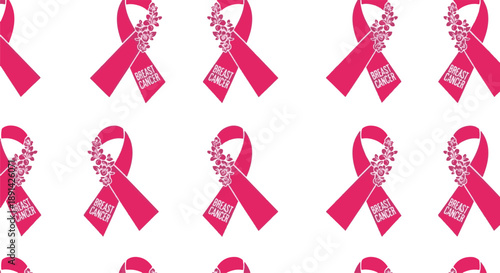 Seamless Pink Breast Cancer Awareness Ribbons Pattern with Delicate Flowers and Informative Tags