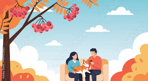 Couple and dog enjoy autumn, sitting on couch under berry-laden tree