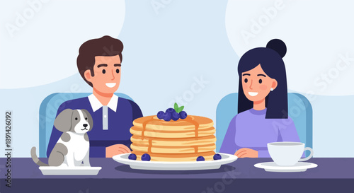 Couple and dog enjoy pancakes with berries and coffee