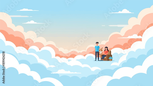 Couple and dog relax among soft pastel clouds