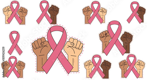 Pink Ribbon and Diverse Raised Fists Vector Illustration Symbolizing Breast Cancer Awareness, Unity, and Empowerment