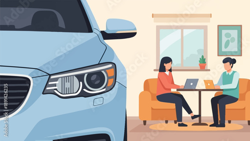 Close-up of car with people working indoors on laptops