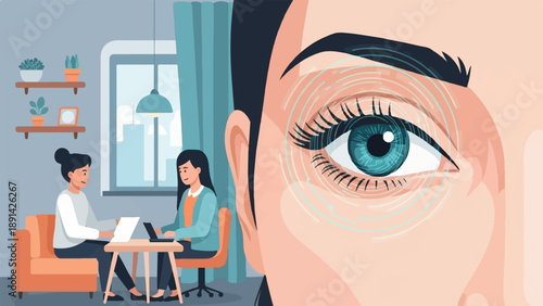 Close-up of eye with concentric circles, two women in office setting