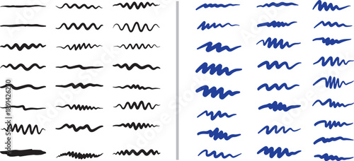 A versatile set of hand-drawn vector brush strokes and jagged scribble lines in black and blue. Perfect for artistic borders, textured underlining, or expressive graphic design elements.