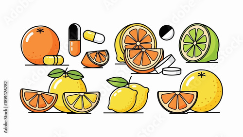 Colorful citrus fruits and pharmaceutical pills arranged neatly