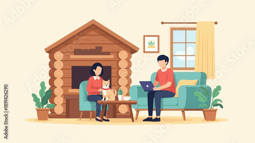 Couple and dog relax in a cozy log cabin with a fireplace and window