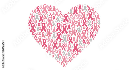 Heart Shape Comprised of Numerous Pink and Light Grey Breast Cancer Awareness Ribbons on a Black Background, Vector Illustration