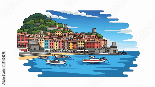 Colorful coastal village with boats docked in a bay, backed by green hills