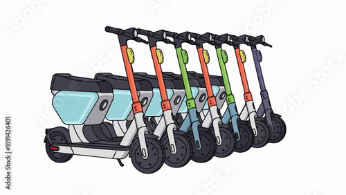 Colorful electric scooters lined up in a row on a white background