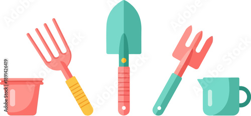 Colorful gardening tools and pots for outdoor plant care