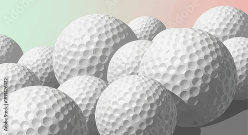 Close-up view of numerous textured white golf balls piled together against a soft gradient background