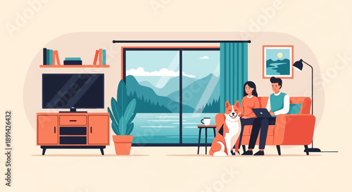 Couple and dog relax indoors with scenic view