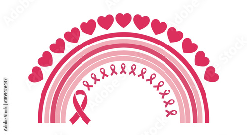 Breast Cancer Awareness Pink Rainbow with Hearts and Ribbons Vector Illustration for Womens Health Support and Hope
