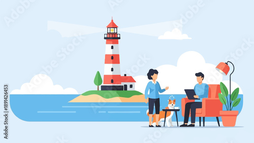 Coastal scene with a lighthouse, people relaxing, and a dog