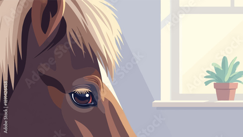 Close-up of a horse's eye and mane beside a window with a potted plant