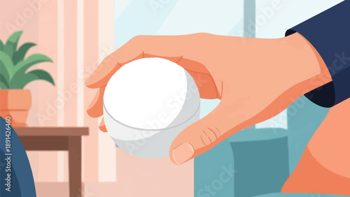 Close-up of a hand holding a round, white object in a cozy indoor setting
