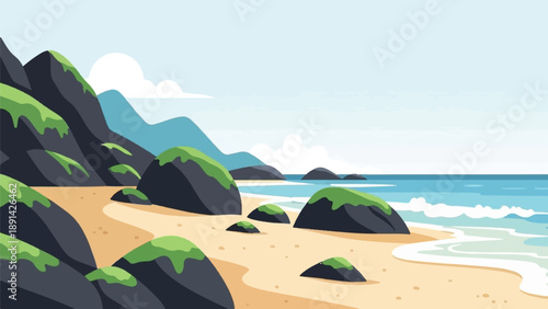 Coastal landscape with rocky shore, green moss, and blue ocean under sky
