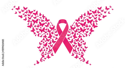Vibrant Pink Ribbon with a Swarm of Butterflies Forming Elegant Wings, a Powerful Symbol for Breast Cancer Awareness and Hope
