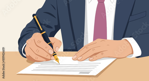 Close up of a person in a suit signing a document with a fountain pen