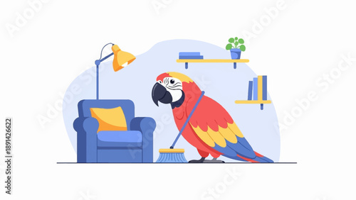 Colorful parrot sweeping floor in a cozy room with armchair and books