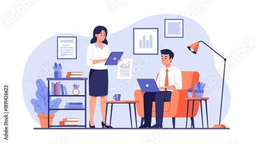 Colleagues collaborate in an office, discussing work on laptops and tablets