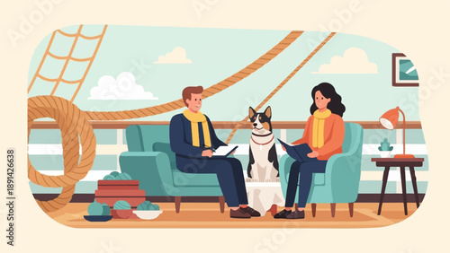 Couple and dog relaxing on a boat deck, reading and enjoying the view