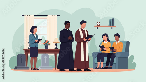 Clergy leads a small, somber service with two mourners