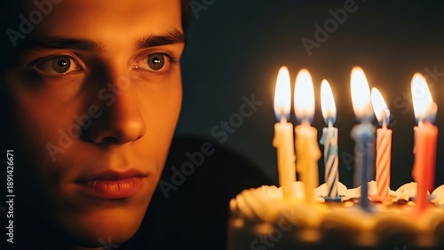 Young man looks at birthday cake with lit candles on it in.