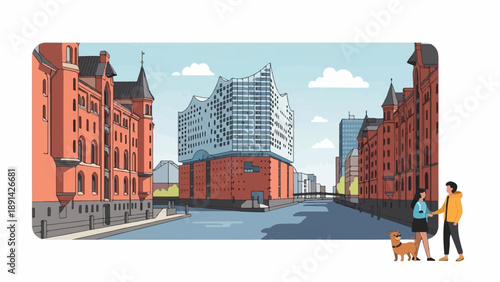 Couple and dog stroll along a canal beside colorful buildings and modern architecture