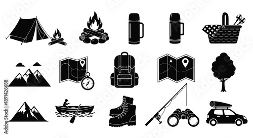 Camping essentials and outdoor adventure icons collection