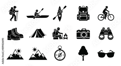 Outdoor adventure icons set for hiking and camping